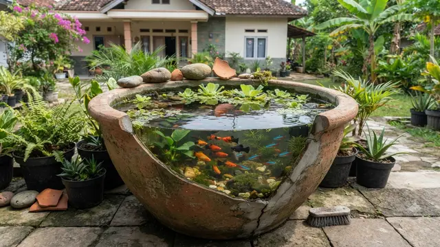 Ide Kolam Mini dari Barang Bekas Model Pemanfaatkan Pot Tanah Liat