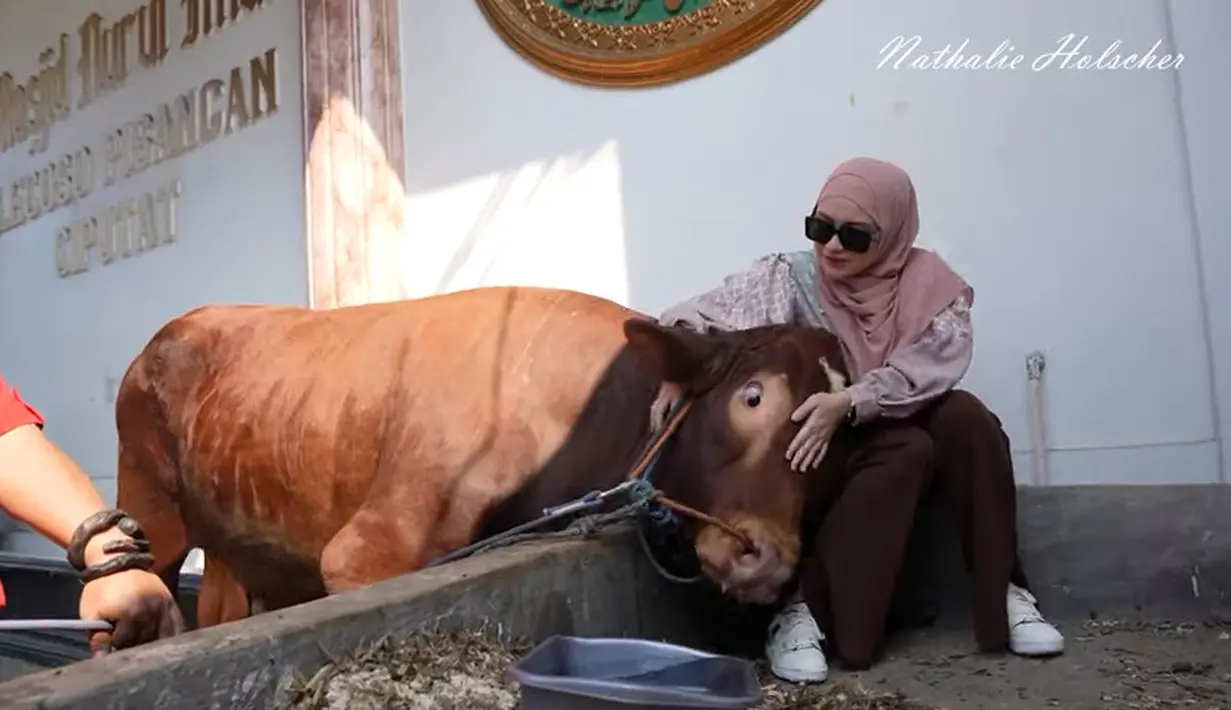 <p>Tidak hanya kurban sapi, Nathalie juga kurban kambing. Tidak hanya sekedar menyerahkan, ibunda Adzam itu juga ikut membagikan daging kurban. [Youtube/NATHALIE HOLSCHER]</p>