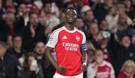 Selebrasi Bukayo Saka dalam laga Arsenal vs Atletico Madrid di leg kedua semifinal Liga Champions 2025/2026, Rabu (6/5/2026). (AP Photo/Alastair Grant)
