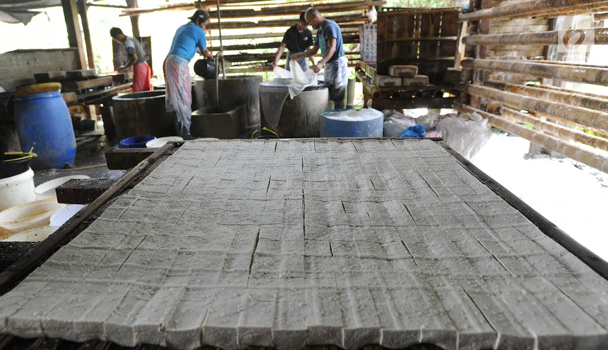 Pengrajin melakukan proses pembuatan tahu di kawasan Sukaraja, Bogor, Kamis (6/9). Naiknya harga kedelai impor akibat melemahnya nilai tukar rupiah terhadap dolar AS membuat pengrajin mengurangi ukuran dan takaran pembuatan tahu. (Merdeka.com/Arie Basuki)