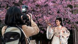 Dalam beberapa tahun terakhir, para ahli meteorologi negara ini telah menghubungkan mekarnya bunga sakura yang lebih awal dengan perubahan iklim, dan suhu udara di Tokyo telah mencapai tingkat yang tidak biasa dalam beberapa hari terakhir. (Photo by Richard A. Brooks / AFP)