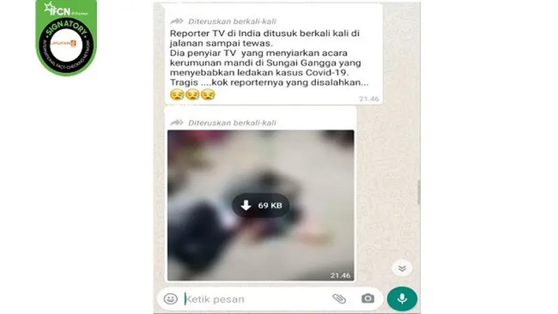 Gambar Tangkapan Layar Kabar Hoaks Reporter TV di India Ditusuk hingga Tewas (sumber: WhatsApp)