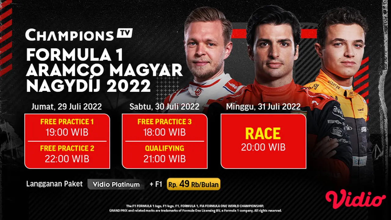 Link Live Streaming F1 GP Hungaria 2022 di Vidio Pekan Ini, 29-31 Juli 2022