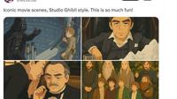 Salah satu unggahan warganet tentang animasi ala Studio Ghibli besutan ChatGPT dengan model AI GPT-4o yang baru dirilis. Unggahan animasi Ghibli ini pun viral di medsos. (Foto: Screenshot X @MDurbar).