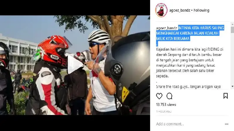 Viral, Pemotor Lawan Pesepeda Siapa yang Salah? (Foto: Instagram)