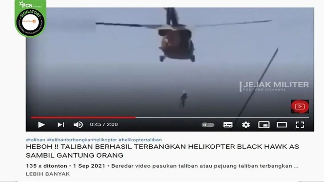 Gambar Tangkapan Layar Video yang Diklaim Taliban Menggantung Orang di Helikopter (sumber: YouTube).