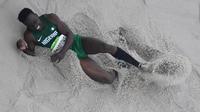 Atlet Nigeria, Olu Olamigoke, harus mengenakan baju yang dipakainya saat Kejuaraan Dunia, Maret lalu, pada Olimpiade Rio 2016. (AFP/Antonin Thuillier).