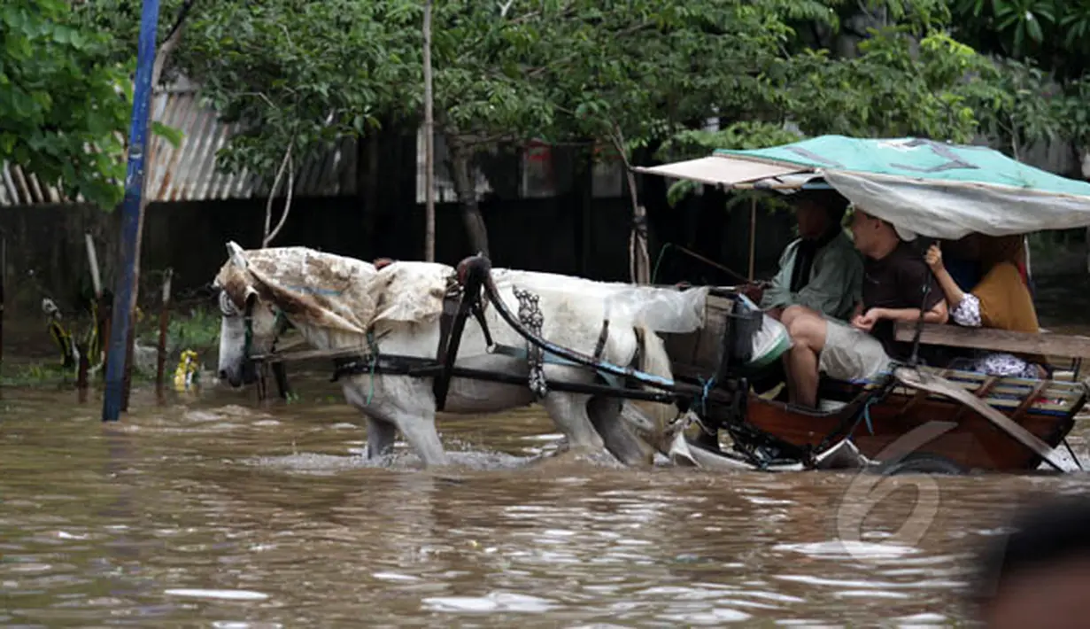 Hujan yang turun sejak Minggu (8/2) lalu, membuat sejumlah ruas jalan di ibukota banjir. Penumpang menggunakan jasa delman untuk menembus banjir di kawasan Kelapa Gading, Jakarta, Selasa (10/2/2015).  (Liputan6.com/Faizal Fanani)