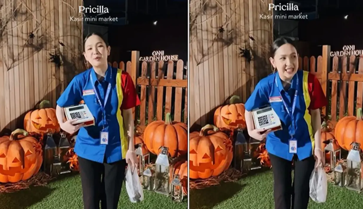 Lain lagi dengan Agatha Pricilla yang tampil dengan memakai baju kasir mini market. Meski simpel, usahanya untuk mendapat seragam hingga menirukan keramahan kasir pun membuat dirinya banyak disebut sebagai "Mbak-Mbak Mini Market" oleh netizen. (Liputan6.com/IG/@ifyalyssa)