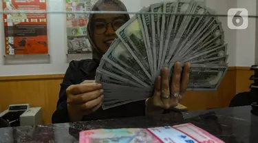 Petugas valas menghitung mata uang dolar AS di DolarAsia Valas di kawasan BSD, Tangerang Selatan, Banten, Selasa (16/4/2024). (merdeka.com/Arie Basuki)