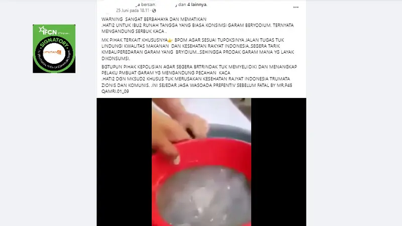 Tangkapan layar klaim video garam beryodium mengandung serbuk kaca