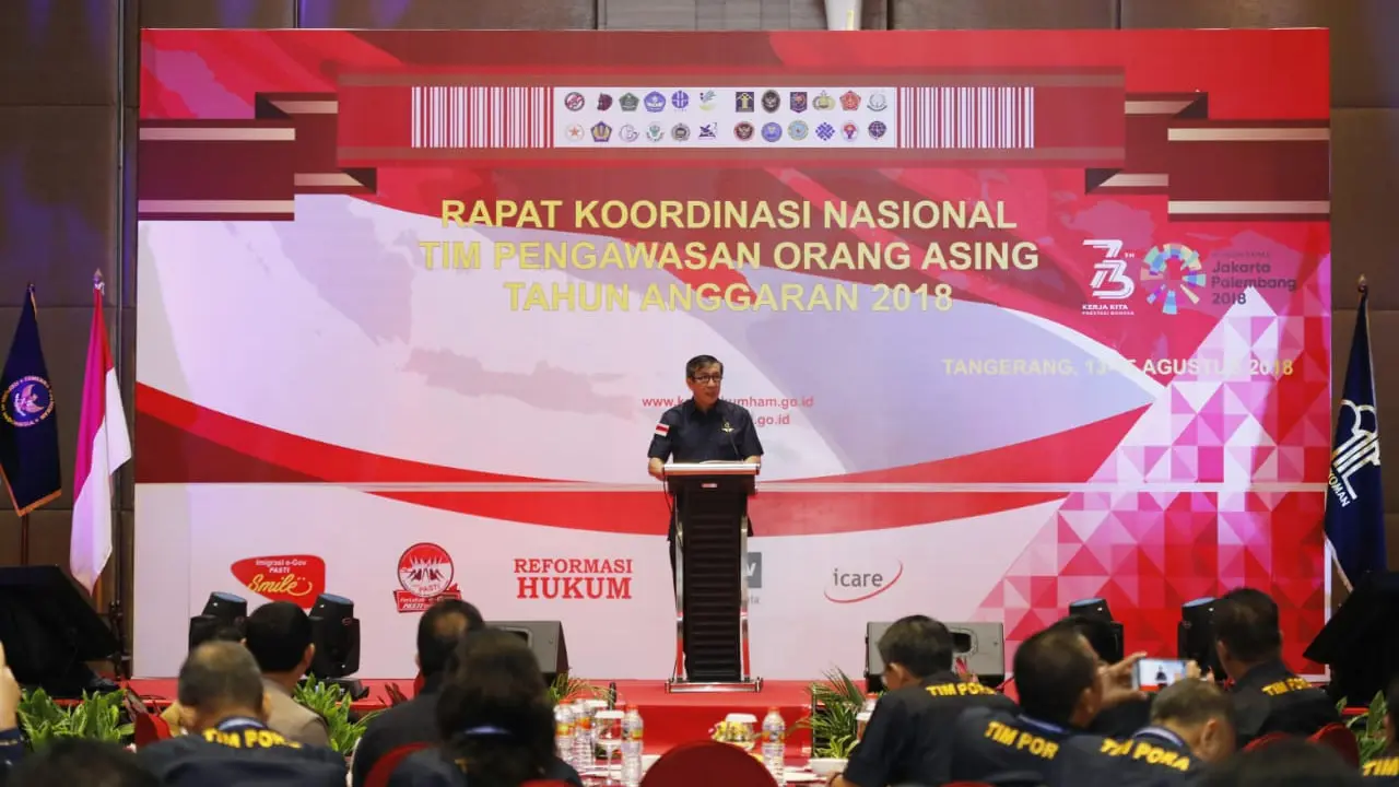 Menteri Yasonna H Laoly beri pengarahan di hadapan ratusan Tim Pora atau pengawas orang asing Ditjen Imigrasi di kementeriannya, Selasa (14/8/2018).