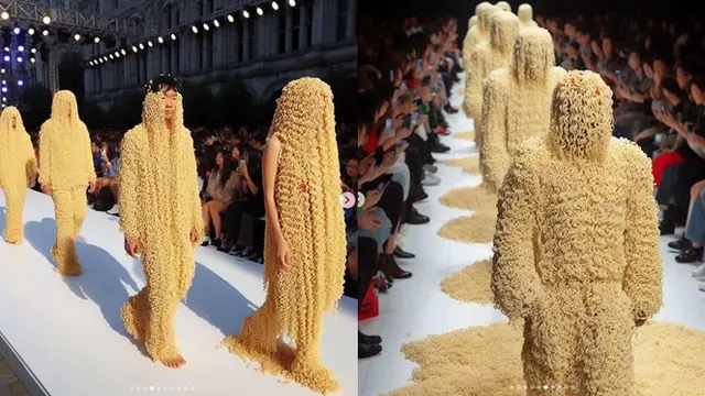 6 Editan Foto AI Jika Model Fashion Show Pakai Busana dari Mi instan