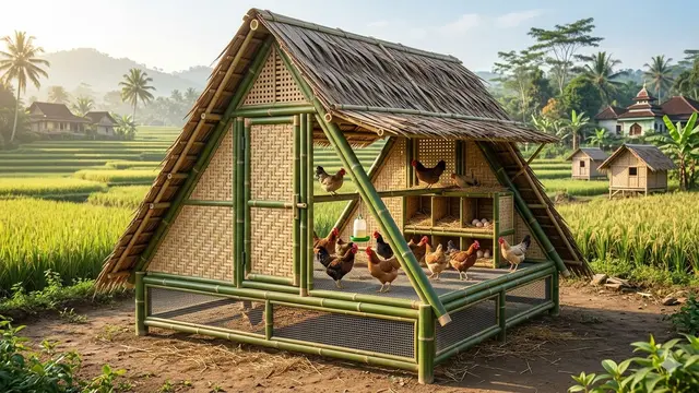 Model Kandang Ayam Bambu Modern Sirkulasi Udara Maksimal. AI