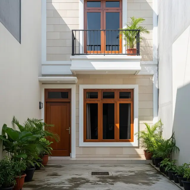 Fasad Rumah Mediterania Modern untuk Gang Sempit agar Tampil Estetik (AI Generated)