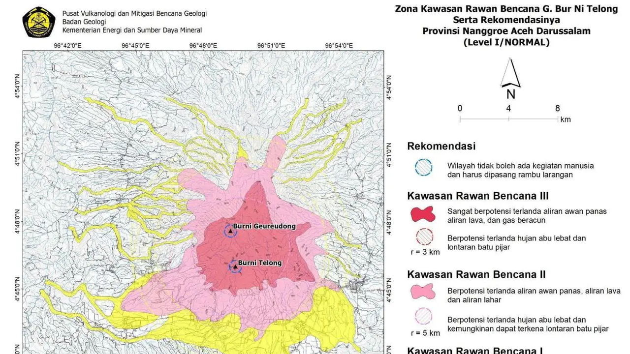 Peta zona kawasan rawan bencana Gunung Api Bur Ni Telong Aceh.