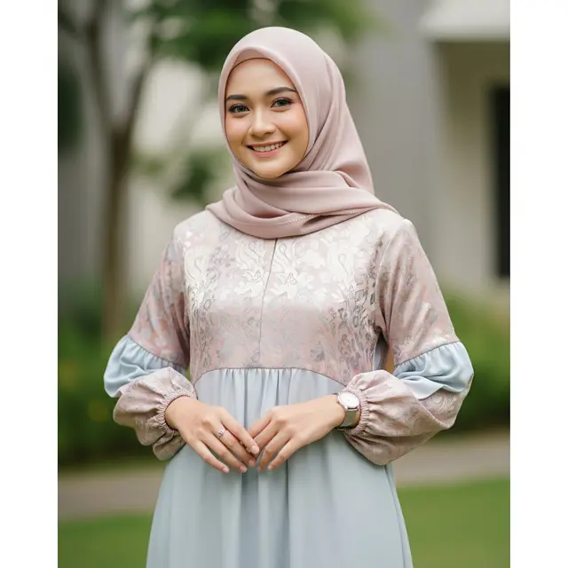 Gamis Kombinasi Brokat Lengan Balon. Foto: Gemini