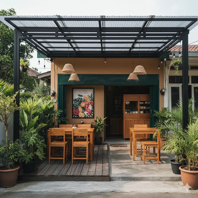 Desain Teras Rumah Kombinasi Baja Ringan Cocok untuk Warung Kecil. Gemini
