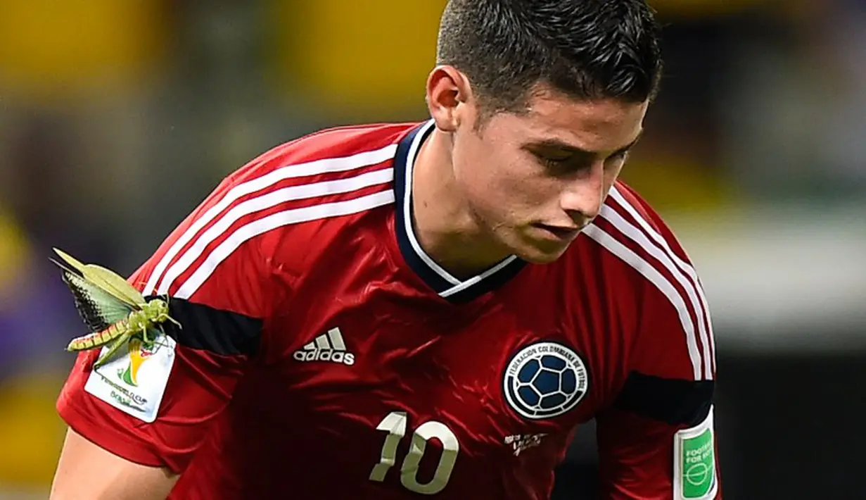 Belalang itu hinggap dibahu kanan James Rodriguez. Mungkin belalang itu ngefans sama James Rodriguez, The Castelao Stadium, Fortaleza (4/7/2014) (AFP PHOTO/FABRICE COFFRINI)
