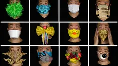 Foto kombinasi memperlihatkan Edmond Kok, seorang desainer kostum teater dan aktor Hong Kong, mengenakan berbagai masker berdesain unik yang dibuatnya untuk melindungi diri dari virus corona di Hong Kong pada 6 Agustus 2020. (AP Photo/Vincent Yu)