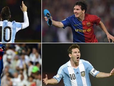 Berikut ini beragam selebrasi emosional yang dilakukan oleh Lionel Messi saat berseragam Barcelona dan juga Argentina. (Kolase foto-foto dari AFP)