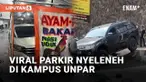 Umumnya parkir kendaraan ditata agar rapi dan memudahkan akses masuk-keluar. Namun yang terjadi di Universitas Katolik Parahyangan ini di luar dugaan. Sejumlah kendaraan diparkir di lokasi dan posisi yang tidak wajar.