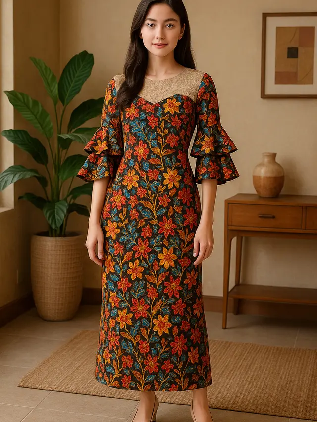 Model Batik Brokat Kombinasi Lengan Lonceng Tiga Lapis