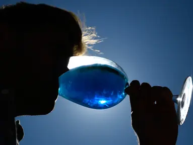 Co-founder perusahaan pembuat anggur, Aritz Lopez mencicipi segelas anggur biru "Gik Life" di Maluenda, wilayah Aragon, Spanyol, 13 September 2018. Warna biru pada minuman anggur berasal dari bahan pewarna alami. (AFP/GABRIEL BOUYS)
