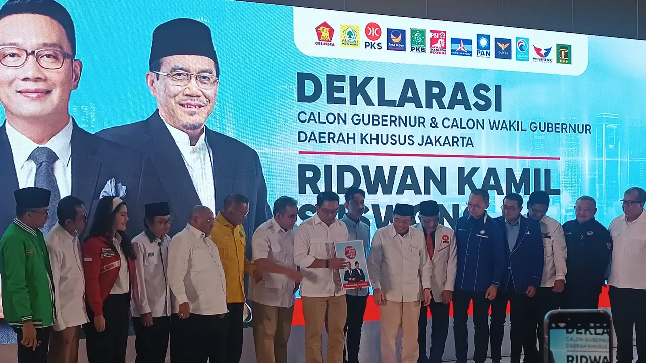 Ridwan Kamil-Suswono resmi dideklarasikan untuk maju sebagai Bakal Calon Gubernur-Bakal Calon Wakil Gubernur (Bacagub-Bacawagub). Nantinya, mereka akan maju untuk Pemilihan Kepala Daerah (Pilkada) DKI Jakarta 2024.