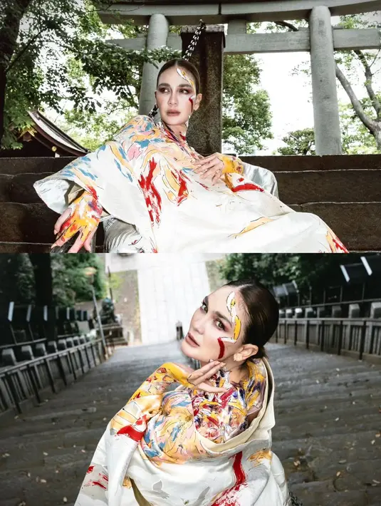 Elisa tak hanya memulas karyanya pada kimono, tapi juga wajah, tubuh, dan tangan Luna Maya. Membuat Luna Maya menjadi bagian dari kanvasnya [@lunamaya]