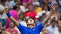 Ekspresi petenis putra Jepang, Kei Nishikori, setelah mengalahkan petenis Inggris Raya, Andy Murray, dalam perempat final tunggal putra AS Terbuka 2016 di USTA Billie Jean King National Tennis Center, New York, AS, (7/9/2016). (AFP/Don Emmert)