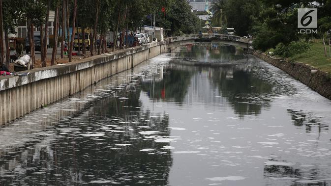 Buih terlihat di aliran Kali Duri yang berwarna hitam di kawasan Jakarta Barat, Sabtu (24/11). Dinas Lingkungan Hidup DKI Jakarta mengungkapkan bahwa sebanyak 61 persen aliran sungai di Jakarta mengalami pencamaran berat. (Liputan6.com/Herman Zakharia)