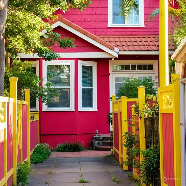 Eksterior Rumah dengan Kombinasi Merah dan Kuning Cerah