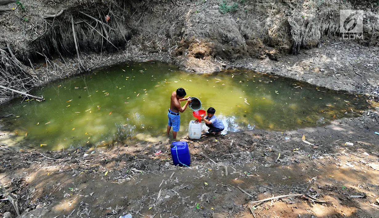 Dua anak Kampung Gamblok mengambil sisa air Kali Cihoe, Desa Ridomanah, Bekasi, Jawa Barat, Kamis (15/8/2019). Warga memanfaatkan sisa air Kali Cihoe untuk diminum setelah sebelumnya diendapkan semalaman. (merdeka.com/Arie Basuki)