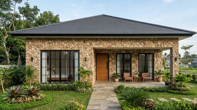 Contoh Rumah Desa dengan Kombinasi Batu Alam dan Atap Limas Modern yang Elegan. Gemini