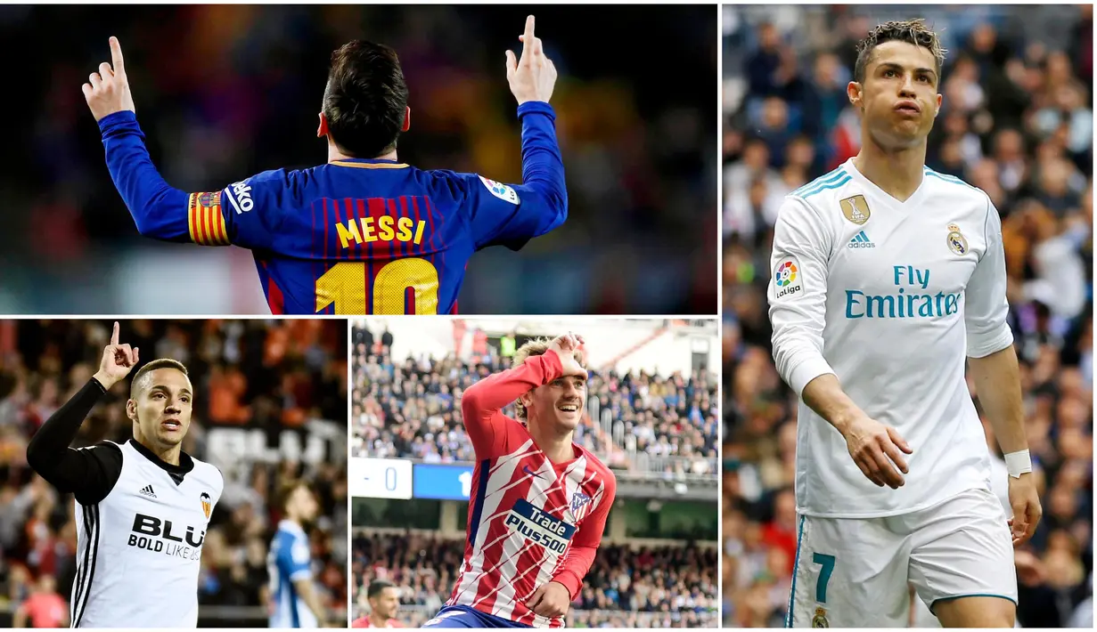 Berikut ini top scorer sementara La Liga musim 2017/2018 hingga pekan ke-31. Lionel Messi masih teratas dengan torehan 29 gol. (Kolase foto-foto AP dan AFP)