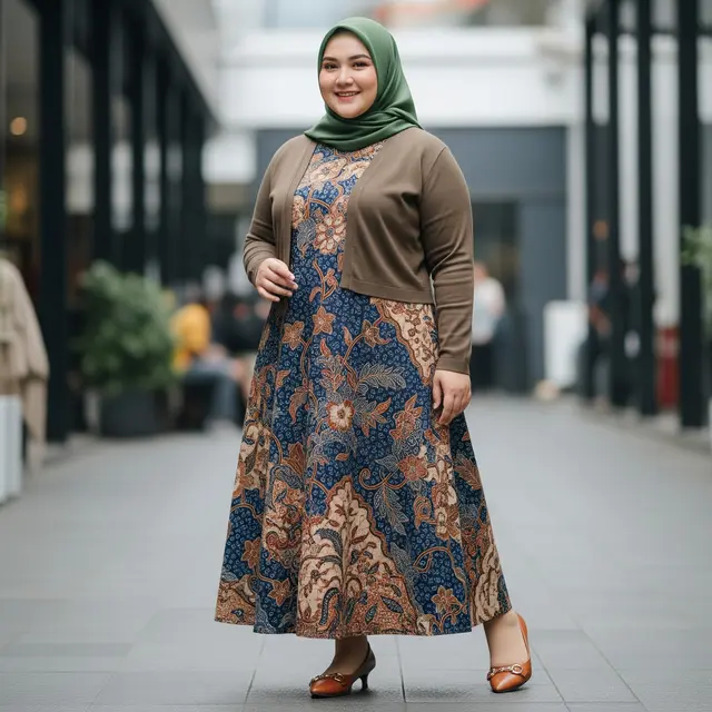 Gamis Batik Hijab Cardy A-Line untuk Tubuh Berisi