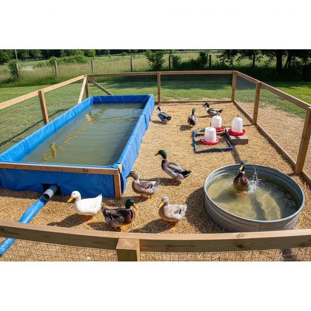 Ide Kandang Bebek dengan Area Kering dan Tempat Berendam (AI Generated)