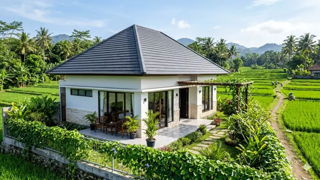 Desain Rumah Desa Atap Tinggi Agar Udara Terasa Lebih Dingin. AI