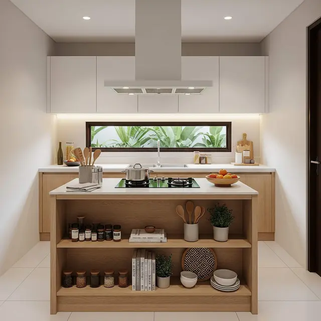 Dapur Terbuka 2x3 Meter Rumah Type 45 dengan Meja Island Multifungsi