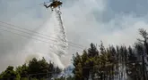 Sebuah helikopter menjatuhkan air ke hutan di atas pepohonan setelah kebakaran hutan di dekat Desa Psachna di pulau Evia (Euboea), pulau terbesar kedua di Yunani, pada 27 Juli 2025. (Angelos TZORTZINIS/AFP)