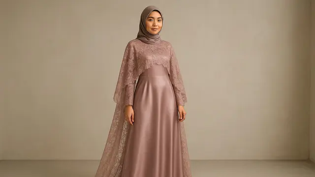 Model Gaun Pesta Muslimah Kombinasi Brokat dan Satin/Ilustrasi AI