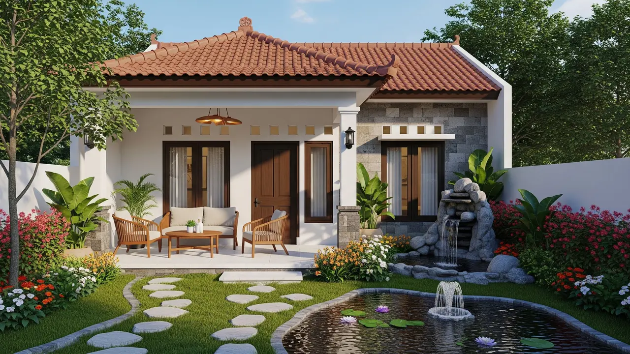 Rumah 6x9 dengan Teras Menghadap Kolam dan Kebun Mini yang Cocok untuk 3-4 Anggota Keluarga