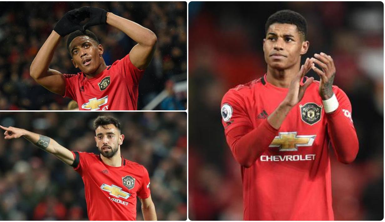 Performa impresif Manchester United musim ini tidak lepas dari penampilan gemilang pemain mereka dan beberapa pemain tampil bagus serta konsisten sepanjang musim ini. Berikut lima pemain Manchester United dengan ranking terbaik pada musim 2019/2020. (kolase foto AFP)