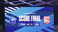 Papan skor memperlihatkan Prancis kalahkan Gibraltar dengan skor 14-0 pada Kualifikasi Euro 2024. (FRANCK FIFE / AFP)