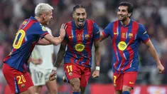 Kemenangan Barcelona atas Real Madrid dalam partai final Piala Super Spanyol 2026 tak lepas dari penampilan gemilang Raphinha. (AFP/Haitham Al-Shukairi)
