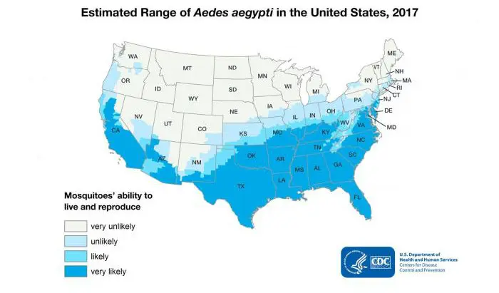 Peta daerah yang mengungkap area yang cocok untuk nyamuk Aedes aegypti dan albopictus untuk bertahan hidup. (CDC)