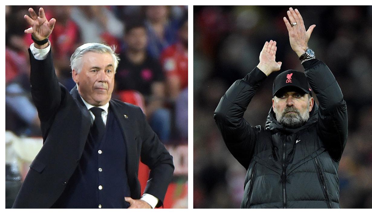 <p>Dua pelatih yang akan berlaga di final Liga Champions musim 2021/2022, Carlo Ancelotti dan Jurgen Klopp termasuk dalam daftar 5 pelatih dengan penampilan terbanyak di laga final Liga Champions (Piala Champions Eropa) sepanjang sejarah. Berikut daftar lengkapnya. (Kolase Foto AFP)</p>