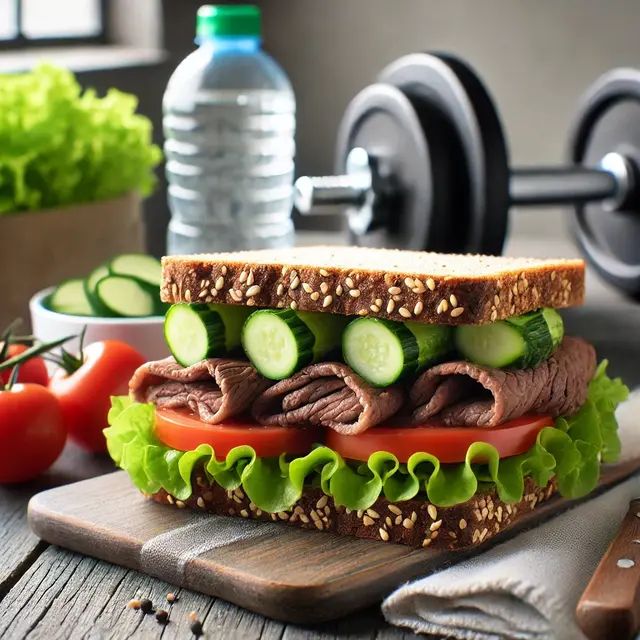 Sandwich Roti Gandum dengan Daging Sapi Tanpa Lemak dan Sayuran