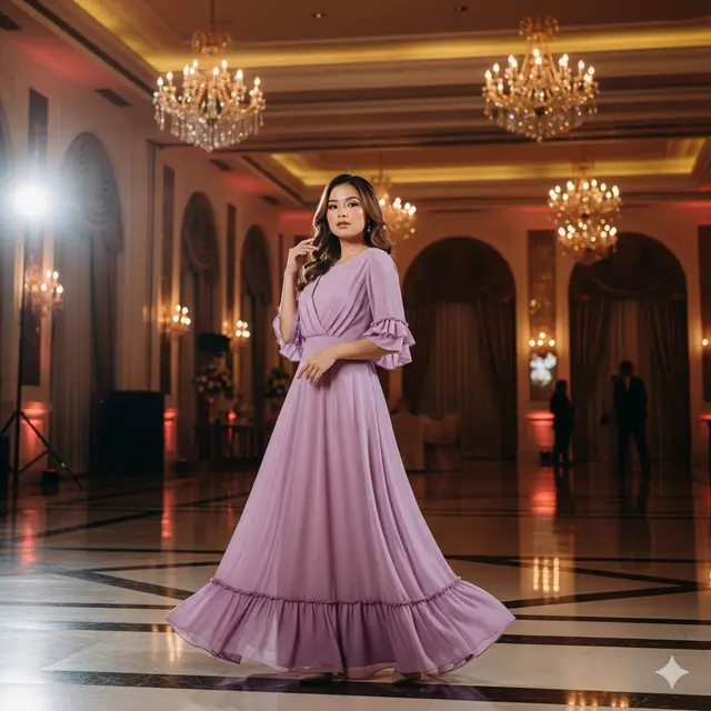 Model Long Dress Bahan Sifon Dengan Potongan Ruffle Feminin